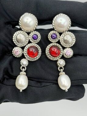 Judith Ripka Thailand Drop Earrings Pearl Amethyst Garnet Sterling Silver CZ